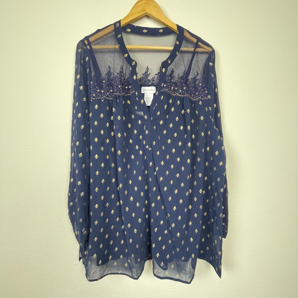Soft Surroundings Blue Sheer Sequin Beaded Blouse Size 2X Gold Fleur Popover Top